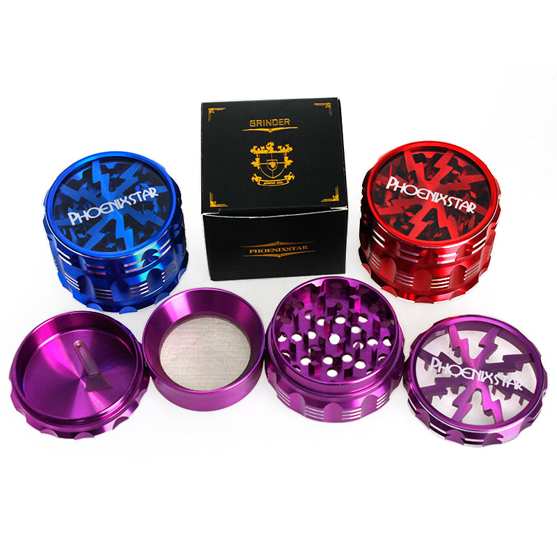 PHOENIXSTAR GRINDER WITH CLEAR VIEWING WINDOW AND LIGHTNING BOLT "SUN" DESIGN-PHX847