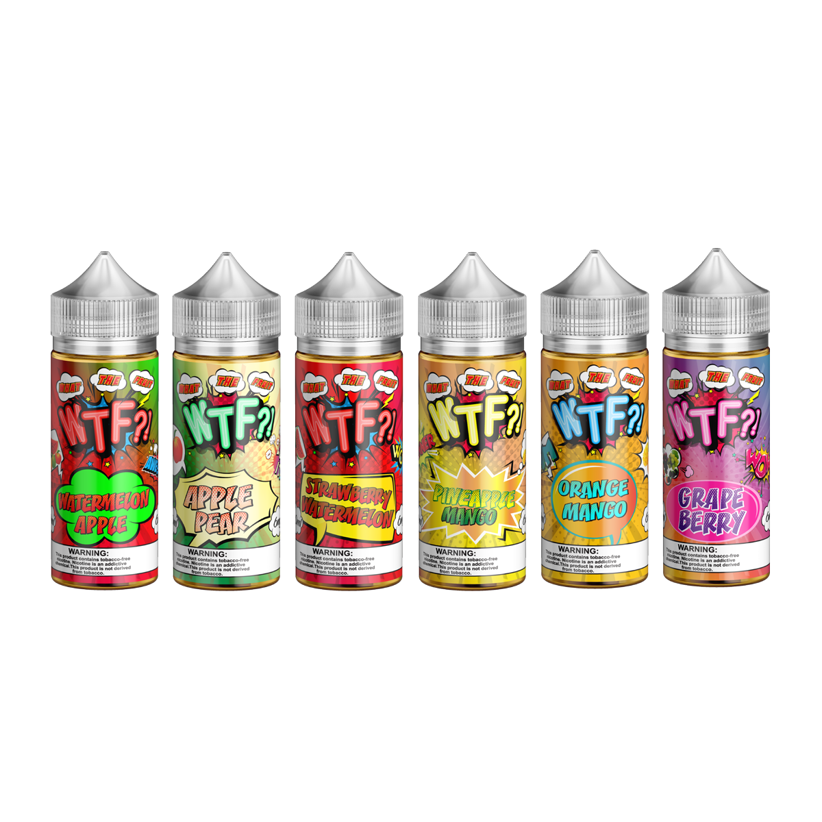 Six bottles of WTF? flavored e-liquid on a white background