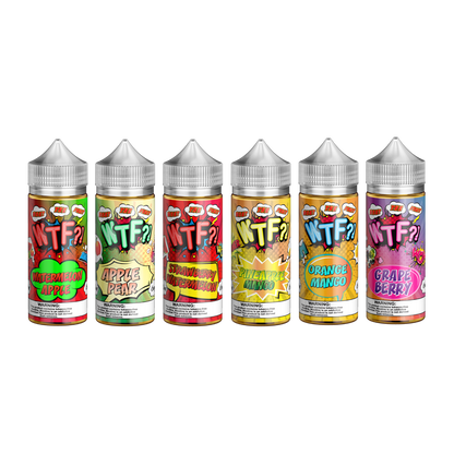 Six bottles of WTF? flavored e-liquid on a white background
