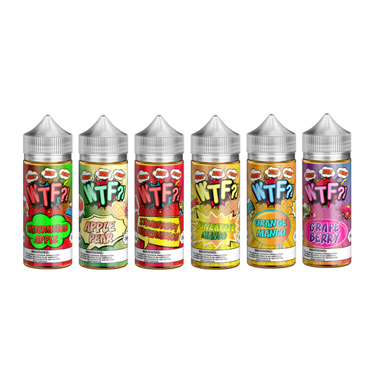 Six bottles of WTF? flavored e-liquid on a white background