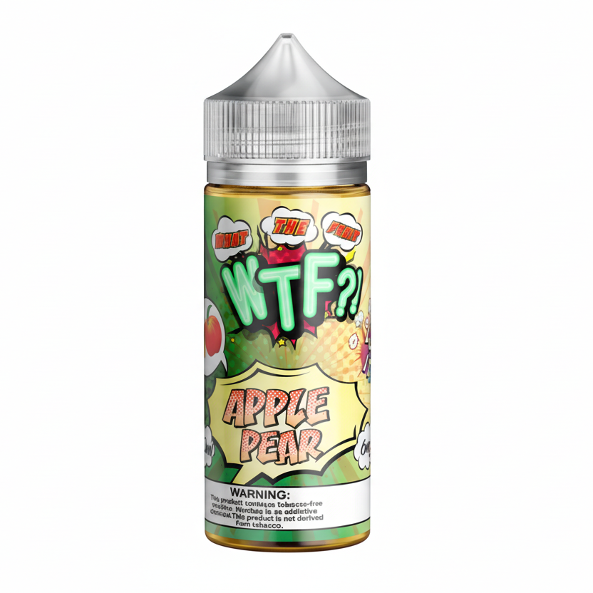 Bottle of 'The WTF?' Apple Pear e-liquid with colorful label on a white background