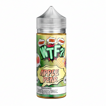 Bottle of 'The WTF?' Apple Pear e-liquid with colorful label on a white background