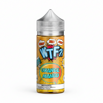 WTF Orange Mango vape juice bottle with colorful label on a white background