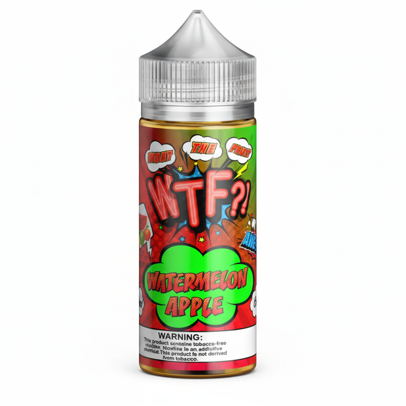 Bottle of watermelon apple-flavored e-liquid with colorful label on a white background