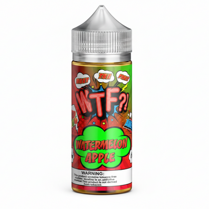 Bottle of watermelon apple-flavored e-liquid with colorful label on a white background