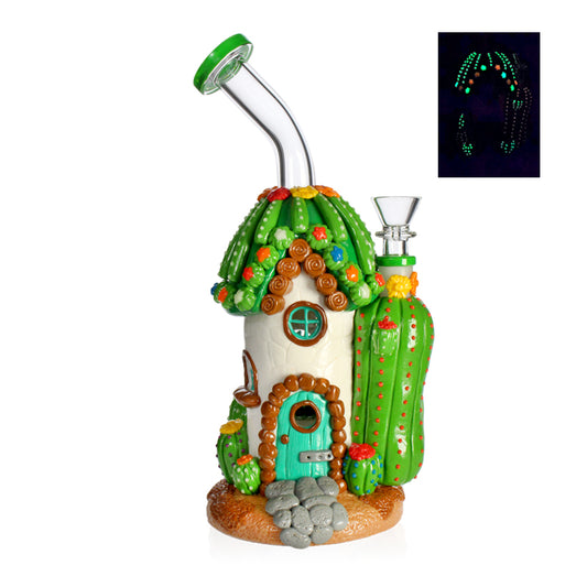 PHOENIXSTAR NEW BONG DESIGN BY HF GLASS-CACTUS HOUSE-10"-WITH HONEYCOMB PERC-3D HAND PAINTED-GLOW IN THE DARK-HD399
