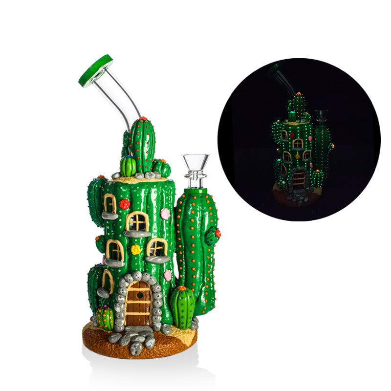 PHOENIXSTAR NEW BONG DESIGN BY HF GLASS-CACTUS-10"-HONEYCOMB PERC-3D HAND PAINTED-GLOW IN THE DARK-HD402