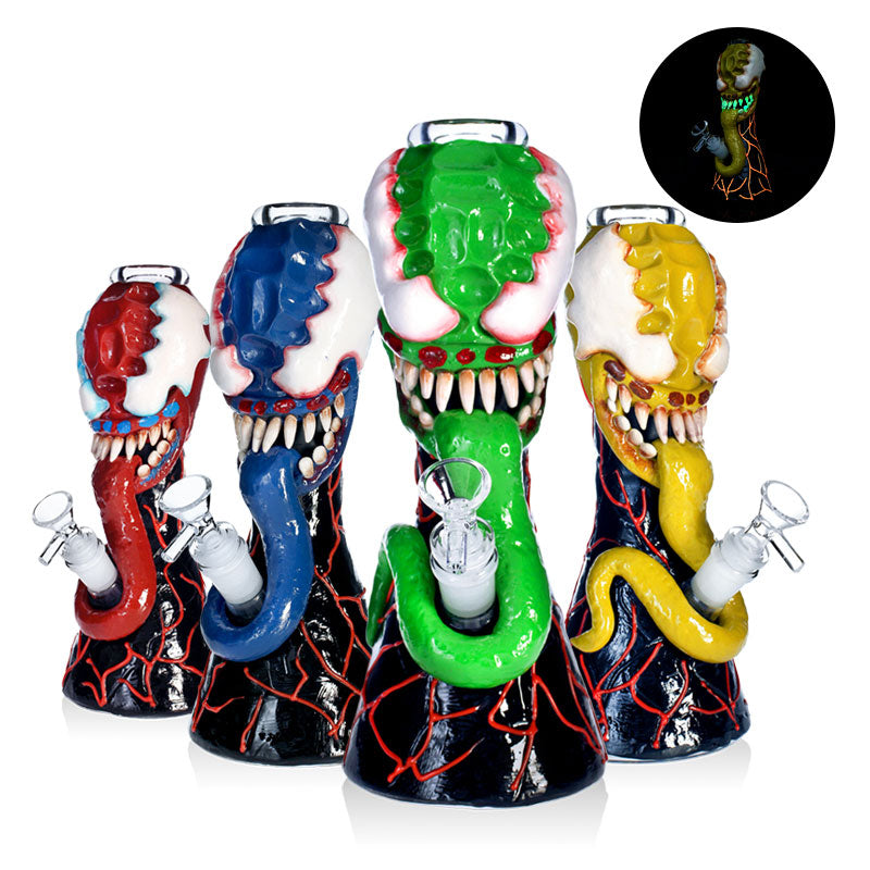 PHOENIXSTAR 7MM THICK GLASS VENOM BONG-10"-3D HAND PAINTING-MIXED COLORS-GLOW IN THE DARK-HD430