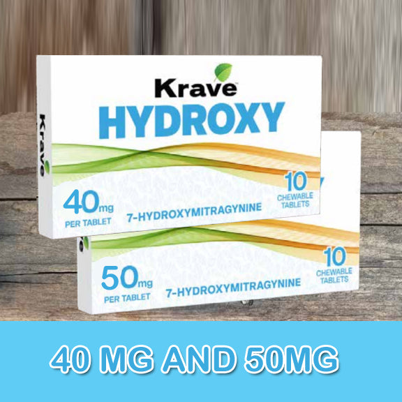 Krave Hydroxy supplement packaging on a wooden surface with a blue accent at the bottom.