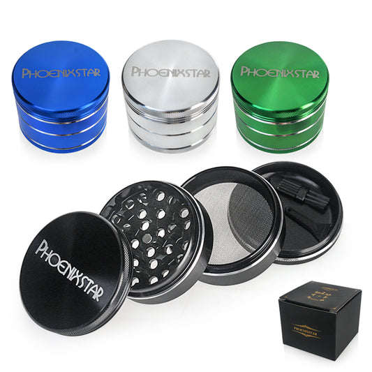 PHOENIXSTAR STYLISH GRINDER WITH SILVER LINES-6061 AIRCRAFT ALUMINUM-2.4"X1.8"-4-PIECE GRINDER-135.4G-ASSORTED COLORS-WITH PHOENIXSTAR INNER BOX-PGR36