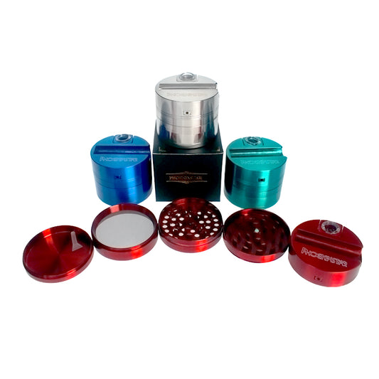 PHOENIXSTAR ALL IN ONE GRINDER WITH METAL PIPE INSIDE-CAN PUT LIGHTER ON IT-6061 AIRCRAFT ALUMINUM-2.9"X2.4"-5-PIECE GRINDER-395G-INNER BOX WITH LOGO-ASSORTED COLORS-PGR45