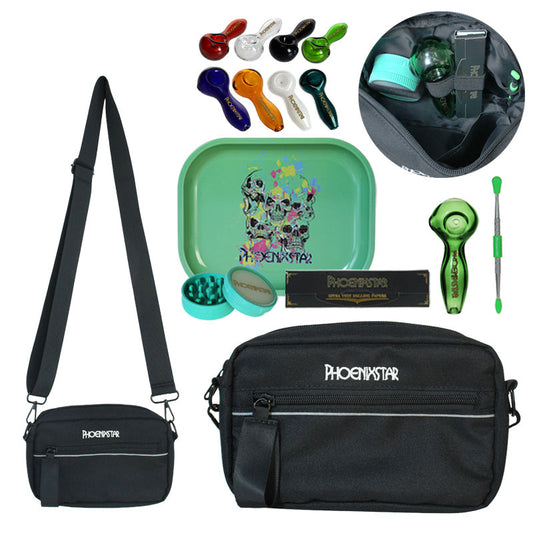 PHOENIXSTAR SMOKE SET TRAVEL KIT WITH LOGO-1 CROSSBODY BAG-7"X5.5" METAL ROLLING TRAY-100% BIODEGRADABLE GRINDER-ROLLING PAPERS (33 WITH TIPS)-4" HANDPIPE-1 METAL DABBER WITH SILICONE TIPS-ALL MIXED COLORS-PHX1010