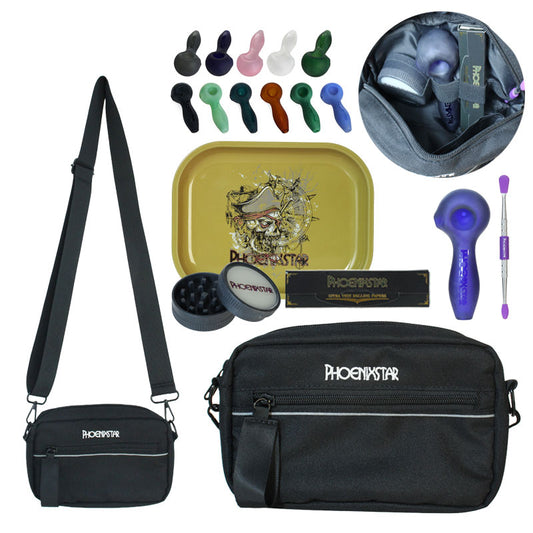PHOENIXSTAR SMOKE SET TRAVEL KIT WITH LOGO, 1 CROSSBODY BAG, 7"X5.5" METAL ROLLING TRAY, 100% BIODEGRADABLE GRINDER, ROLLING PAPERS (33 WITH TIPS), 4" HANDPIPE, 1 METAL DABBER WITH SILICONE TIPS, ALL MIXED COLORS, PHX1011
