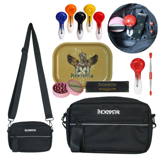 PHOENIXSTAR SMOKE SET TRAVEL KIT WITH LOGO-1 CROSSBODY BAG-7"X5.5" METAL ROLLING TRAY-100% BIODEGRADABLE GRINDER-ROLLING PAPERS (33 WITH TIPS)-4" HANDPIPE-1 METAL DABBER WITH SILICONE TIPS-ALL MIXED COLORS-PHX1012