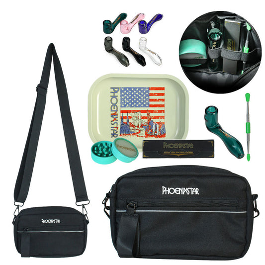 PHOENIXSTAR SMOKE SET TRAVEL KIT WITH LOGO, 1 CROSSBODY BAG, 7"X5.5" METAL ROLLING TRAY, 100% BIODEGRADABLE GRINDER, ROLLING PAPERS (33 WITH TIPS), 4" HANDPIPE, 1 METAL DABBER WITH SILICONE TIPS, ALL MIXED COLORS, PHX1013
