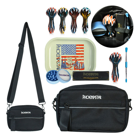 PHOENIXSTAR SMOKE SET TRAVEL KIT WITH LOGO, 1 CROSSBODY BAG, 7"X5.5" METAL ROLLING TRAY, 100% BIODEGRADABLE GRINDER, ROLLING PAPERS (33 WITH TIPS), 4" HANDPIPE, 1 METAL DABBER WITH SILICONE TIPS, ALL MIXED COLORS, PHX1014