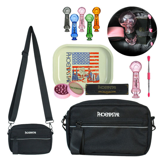 PHOENIXSTAR SMOKE SET TRAVEL KIT WITH LOGO, 1 CROSSBODY BAG, 7"X5.5" METAL ROLLING TRAY, 100% BIODEGRADABLE GRINDER, ROLLING PAPERS (33 WITH TIPS), 4" HANDPIPE, 1 METAL DABBER WITH SILICONE TIPS, ALL MIXED COLORS, PHX1015