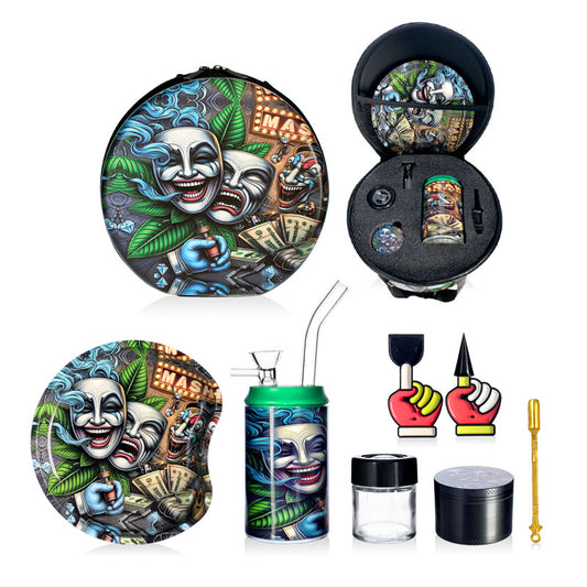 PHOENIXSTAR SMOKE SET WITH GIFT BOX-6.3"X7" ROLLING TRAY-4.5" GLASS WATER PIPE WITH SILICONE CAP-2"X1.5" GLASS JAR-1.5"X2" GRINDER-2 PLASTIC DABBERS-1 METAL DABBER-SP382